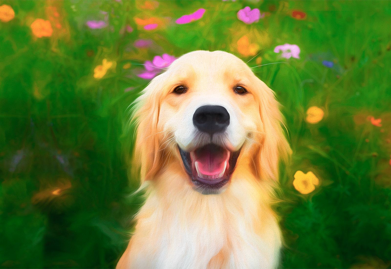 Golden Retriever smiling in the flowers