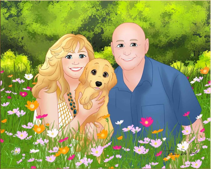 Drawing of Trog, Sweet Magnolia and Ginger in the flowers